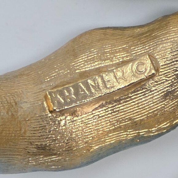 Vintage Kramer Blue-Green Enamel Flower Gold Tone Brooch Faux Pearl Center - Picture 5 of 8